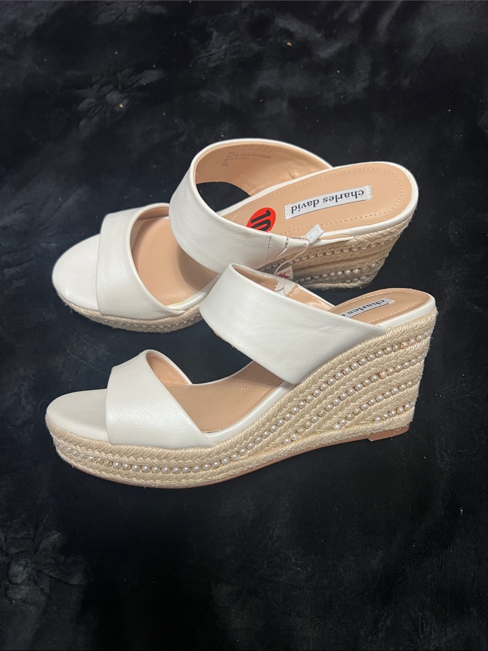 Charles David Cream Pearl-Trim Espadrille Wedge Sandals